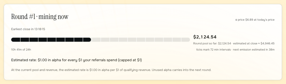 SayGM affiliate round tracker showing round progress, the pool so far and an estimated rate of $1 in alpha per $1 of referred spend