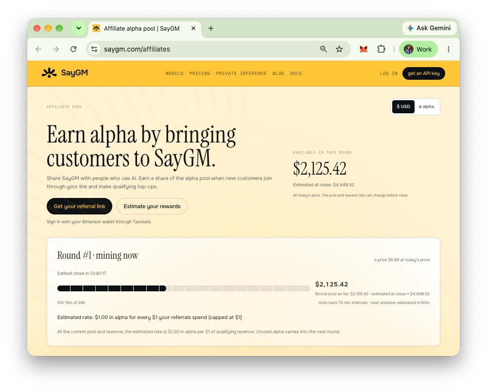 SayGM affiliate pool page showing the current round, the alpha available and the estimated reward rate